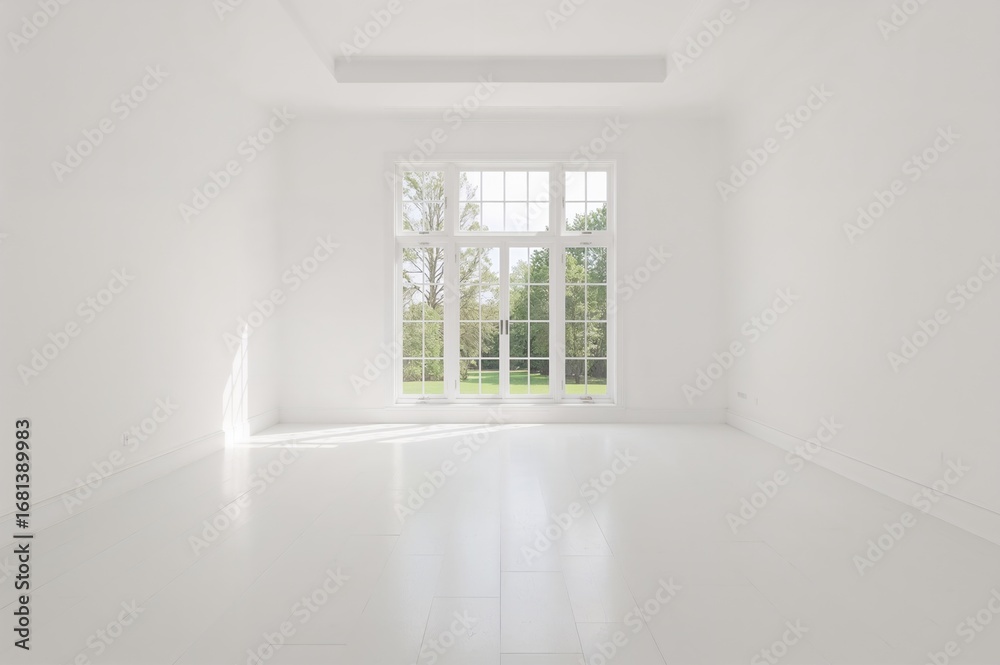 Fototapeta premium Bright photographic studio featuring expansive windows, high ceilings, and white wood floors