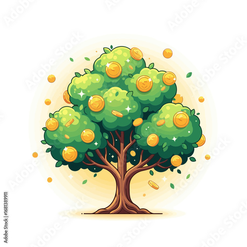 A vibrant fantasy vector of a glowing money tree. This flat, colorful illustration is perfect for projects on wealth, magic, and financial growth.