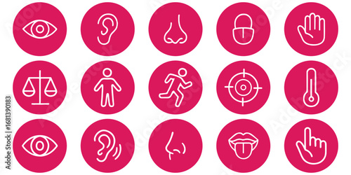 Human senses and perception diagram sensory system outline. Vision eye, smell nose, hearing ear, touch hand, taste mouth with tongue. Simple line icons in circle. Vector illustration.