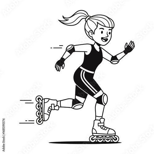 Rolleblading Girl: An line drawing of a happy girl with rollerblades is going ahead and moving.