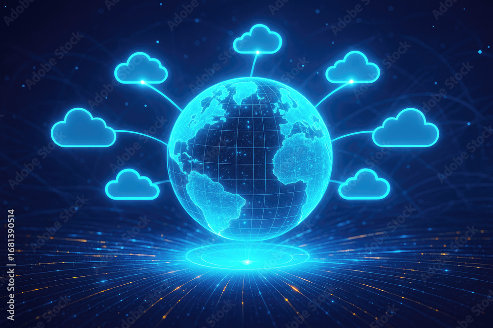 Fototapeta premium Glowing blue digital Earth surrounded by clouds and data streams on a dark background technology network