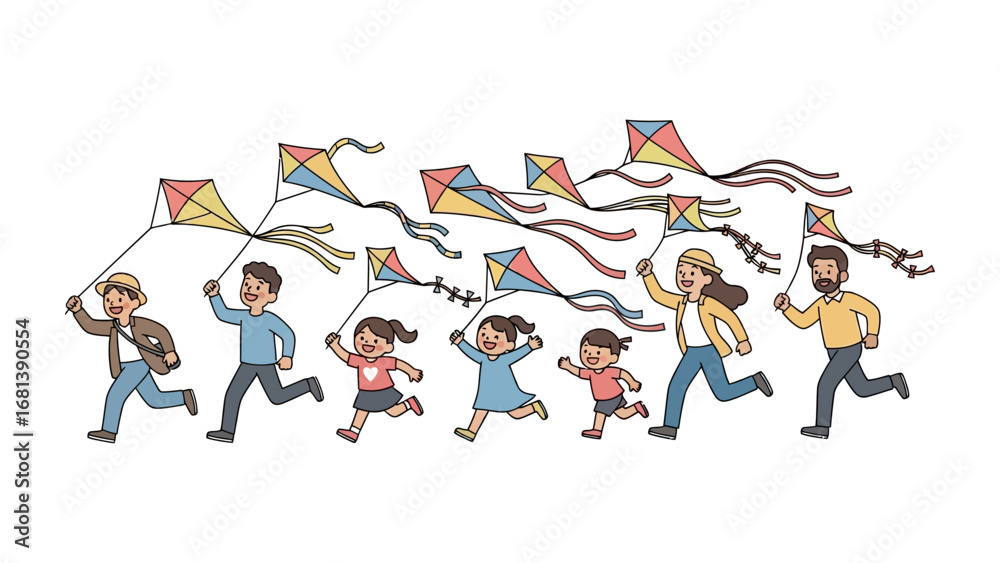 Fototapeta premium Soaring Kites: A vibrant and heartwarming illustration depicts a family of eight joyfully running with kites in a sunny field, creating a vivid sense of childhood happiness and familial bond.