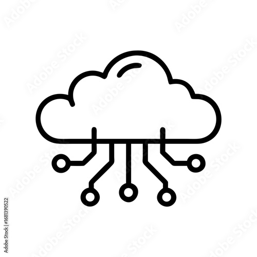 Vector line art icon illustrating the concept of cloud computing technology with a digital circuit network representing data transfer and online storage