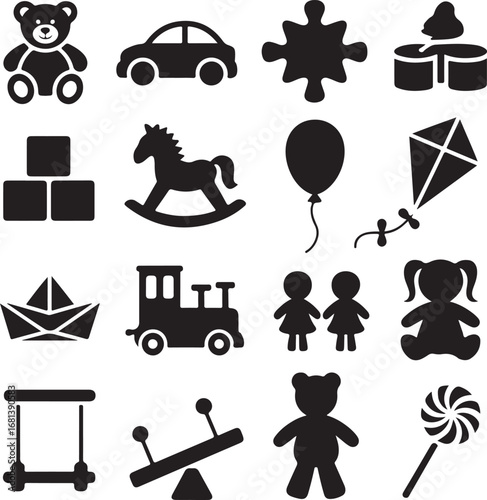 Collection of children's toys and play items in silhouette style Keywords: teddy bear, toy car