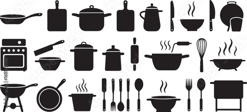 Collection of Black Kitchen Utensils and Cookware Silhouettes on White Background cooking