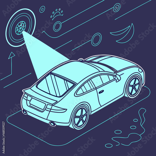 Isometric line art illustration of a futuristic sports car with a holographic heads-up display showing navigation data, advanced autonomous driving concept