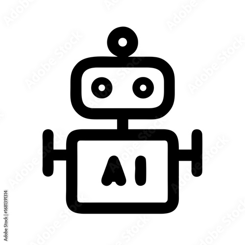 A minimalist, iconic, and simplistic line art illustration of a friendly robot head with 'AI' text inscribed, representing artificial intelligence and advanced technology in a clean, modern design