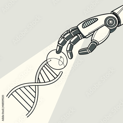 Robotic Hand Manipulating DNA Conceptual Illustration of Technological Advancements in Genetic Engineering & Artificial Intelligence