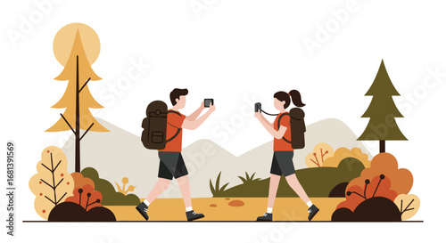 People Photographing Nature on Hike in Mountains