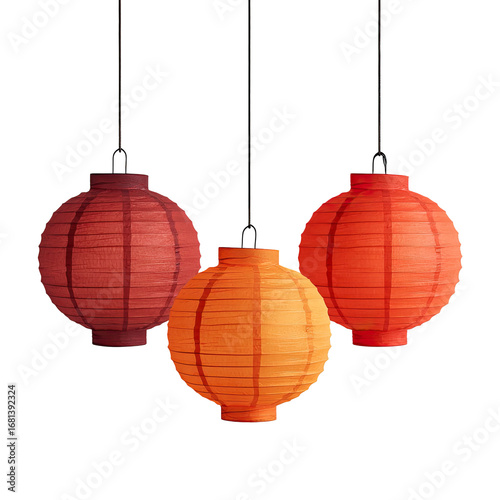 Three round paper lanterns in varying shades of orange and red hang from black cords