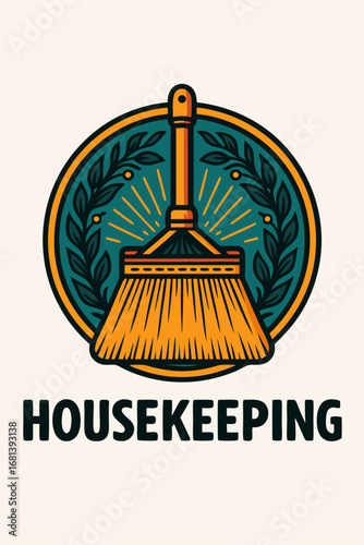 Elegant feather duster emblem for housekeeping service, classic crest style in blue and gold suited for professional home care branding and tidy living