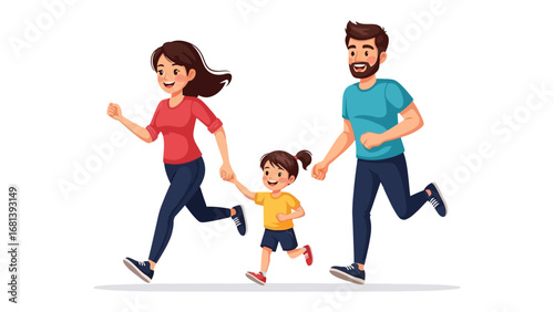 Active Family Fun: A cheerful family of three joyfully runs together, showcasing their vibrant health and the bond of togetherness in a vivid illustration.