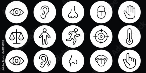 Human senses and perception diagram sensory system outline. Vision eye, smell nose, hearing ear, touch hand, taste mouth with tongue. Simple line icons in circle. Vector illustration.