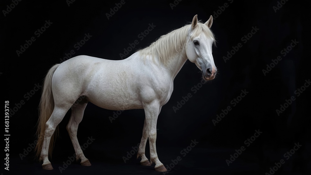 Obraz premium Isolated white equine figure on a black canvas, highlighting natural beauty and the spirit of sport and happiness