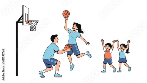 Basketball Family Fun: A vibrant illustration capturing a family's joy and sport's fun in the heat of competition, celebrating the values of teamwork and sportsmanship.