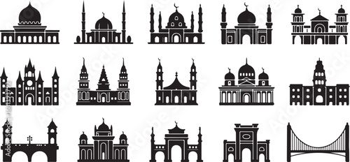 Collection of black silhouette architectural building icons including mosques bridges and castles Islamic architecture