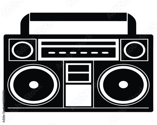 Retro Boombox: Stylish Black and White Graphic Design, 80s Vibe, Music Icon