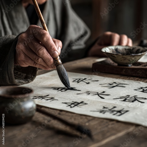 Elderly Man Practicing Chinese Calligraphy