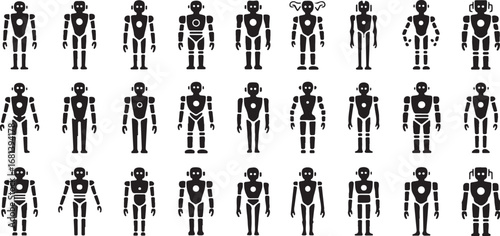 Collection of black robot icons with varied designs and features on a white background android cyborg