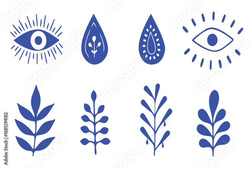 Bold Blue Abstract Icons: Eyes, Water Drops, and Stylized Botanical Elements; Modern, Minimalist Design.