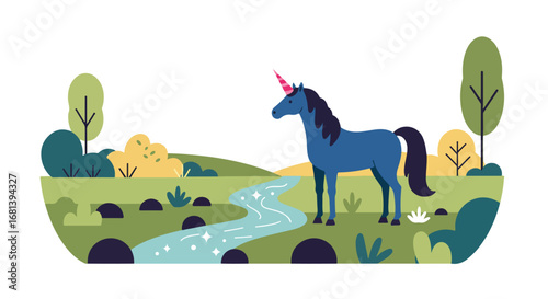 Unicorn Standing near the Stream in Meadow Landscape