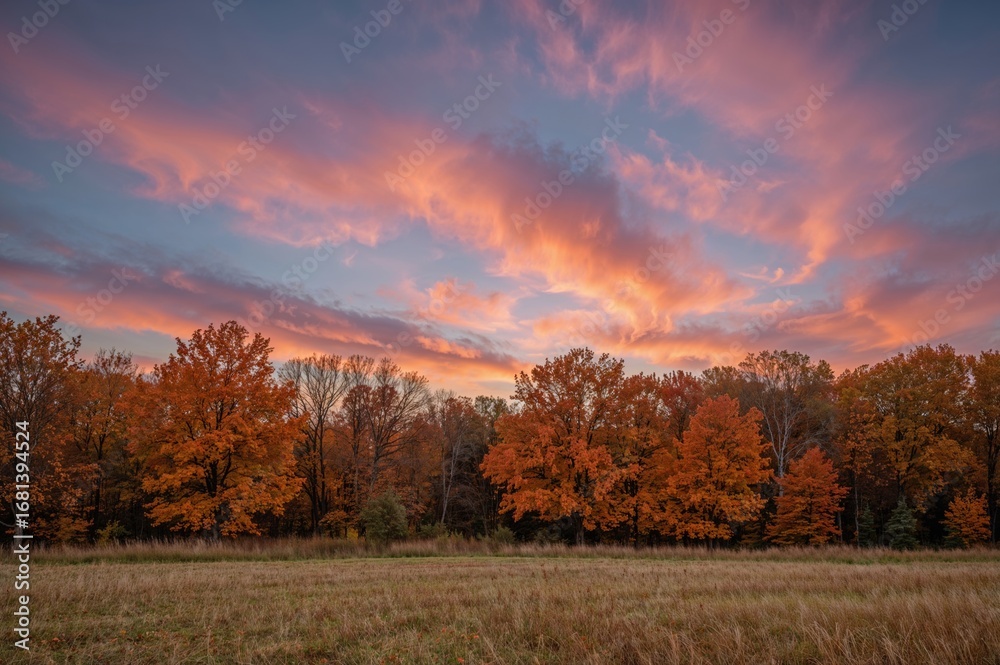 Fototapeta premium Mid-autumn landscape featuring colorful maple trees and a meadow with leaves gently descending, captured during a breathtaking sunset with hues of pink, orange, and blue