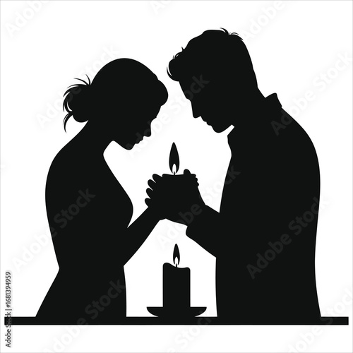 Romantic silhouette of couple lighting a candle together in intimate candlelight ceremony, black and white vector illustration symbolizing love, unity, devotion and vows for wedding invitations, cards