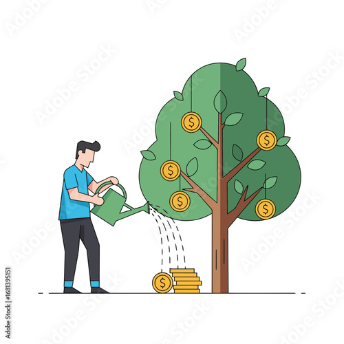 Download this isolated vector art of a man cultivating a money tree with coins. Ideal for microstock, this icon represents long-term financial planning and savings.