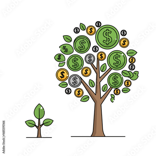 Download this high-resolution vector art of a money tree from sapling to full growth. Ideal for microstock, this icon symbolizes wealth, smart saving, and future prosperity.