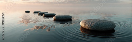 Calm stones resting on tranquil water, creating a serene path