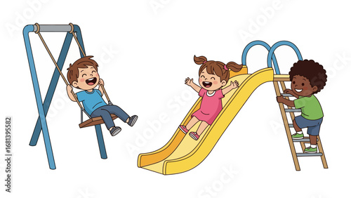 Kids' Playground Joy: A vibrant illustration captures the pure delight of childhood, as three children engage in playful activities on a sunny playground.