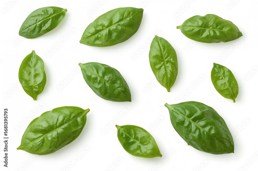 Fototapeta premium Fresh green basil leaves flying isolated on white background, perfect for design use. High resolution flat lay of multiple basil pieces and slices.