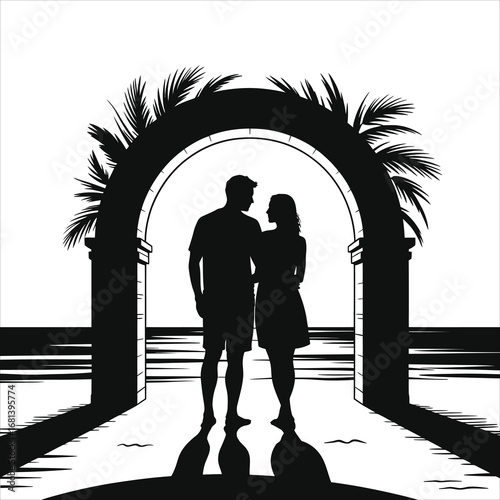 Romantic couple silhouette on a tropical beach under a palm arch. Vector illustration of a honeymoon vacation with a full moon over the sea. A beautiful love and travel concept graphic.