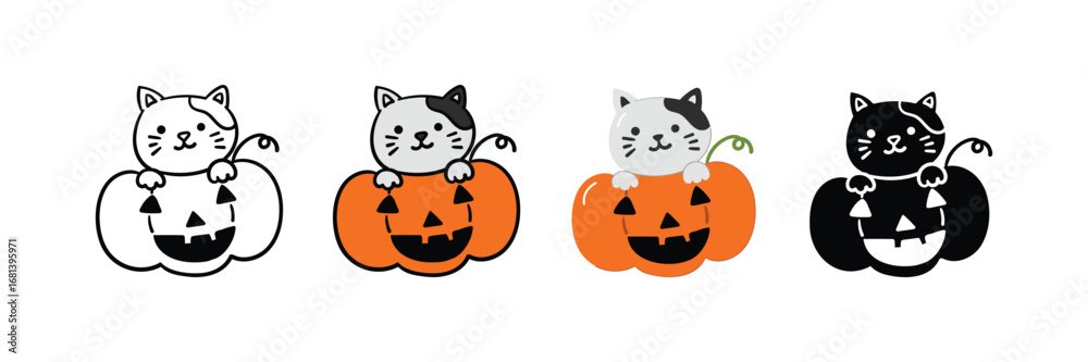 Obraz premium Set of Hand drawn halloween cat element icon in outline, filled, solid and flat style.vector illustration design