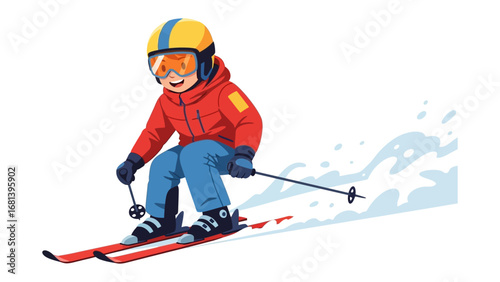 Winter Wonderland Descent: A cheerful individual, geared up in protective gear, is skillfully skiing down a snow-covered slope. The illustration captures the essence of winter adventure.