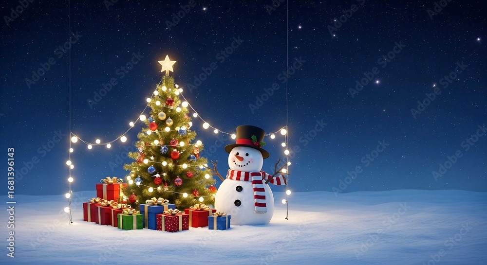 Obraz premium Festive Christmas tree with gifts and cheerful snowman under starry sky