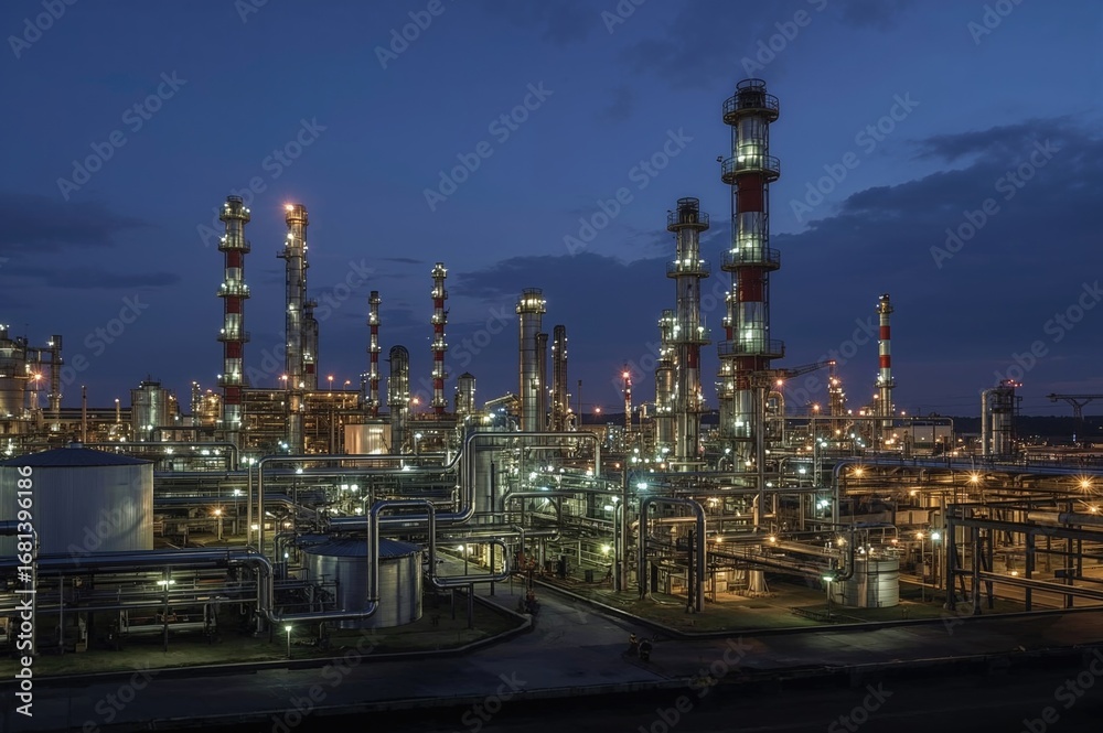 Fototapeta premium Industrial oil refinery with storage tanks and gas processing units at dusk