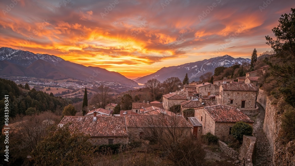 Obraz premium Sunset drama over a tranquil village in the Peloponnese region