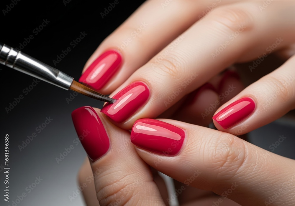 Obraz premium Close-Up of Hand with Red Pink Nail Polish Application