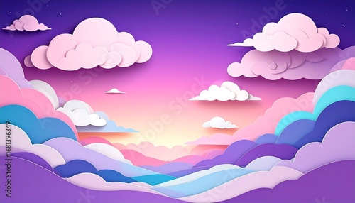 A vibrant, layered paper-cut landscape depicts a colorful sunset sky with puffy clouds in pastel shades of pink, purple, and blue.