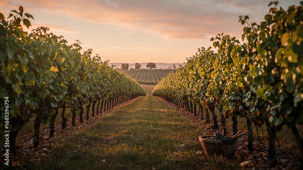 Naklejka premium Grape fields glowing under the autumn sunset during harvest season
