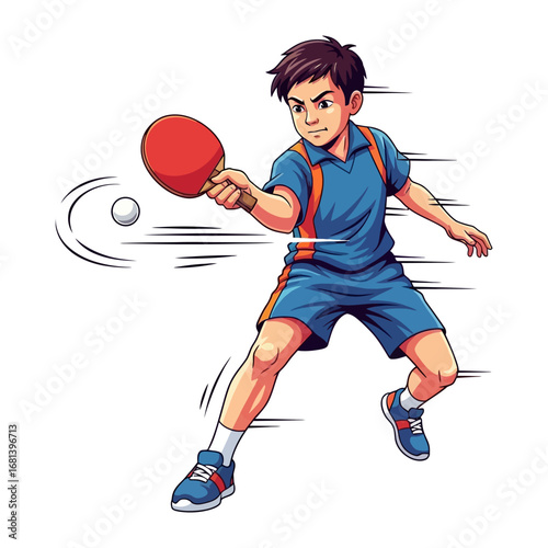 Table Tennis Ace: A young athlete, radiating determination, is caught mid-swing in a dynamic display of table tennis prowess, the white ball racing toward the target. 