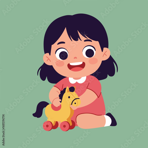 Child plays with toy horse on the floor, simple flat illustration