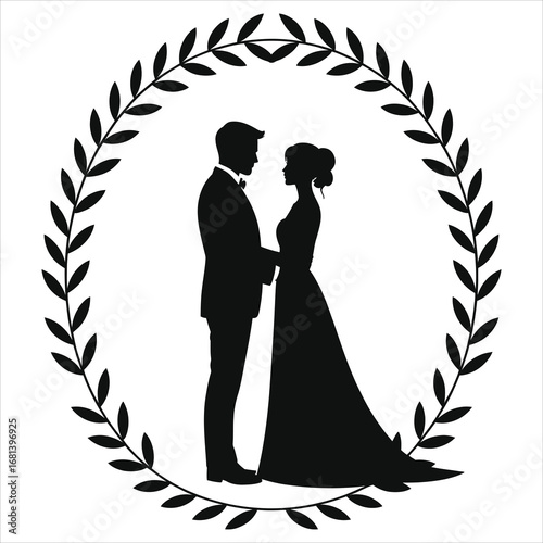 Elegant Wedding Silhouette with Laurel Wreath - Romantic Marriage Illustration