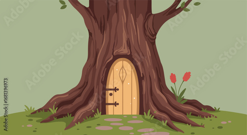 Tree Hiding, Wood Door on Lawn Fantasy Illustration of Secret Treehouse Entrance