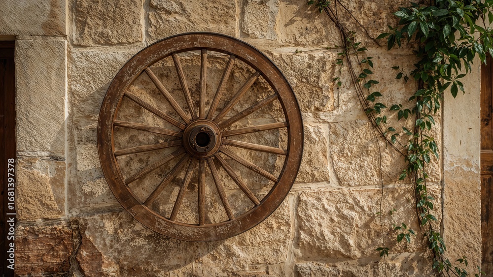 Fototapeta premium As I wandered through a rustic area, an old cartwheel caught my eye on a heritage building.
