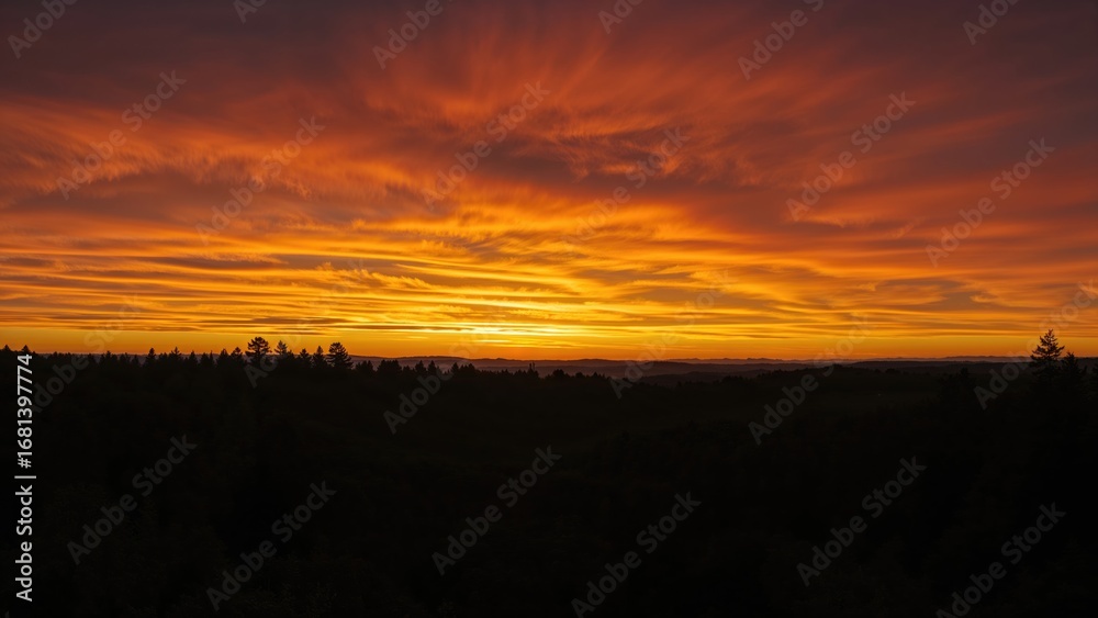 Obraz premium Wide View of Forest Silhouette Under Radiant Orange and Yellow Sky During Sunset or Sunrise