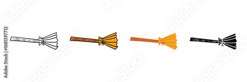 Set of Hand drawn witch broom halloween element icon in outline, filled, solid and flat style.vector illustration design
