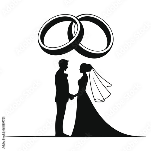 Black and white silhouette of bride and groom holding hands under interlocked wedding rings, elegant wedding vector illustration for invitations, ceremony, marriage, romantic love, bridal design style