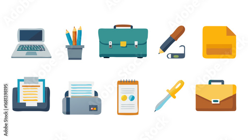 Illustration of office supplies including laptop, briefcase, and writing implements displayed neatly